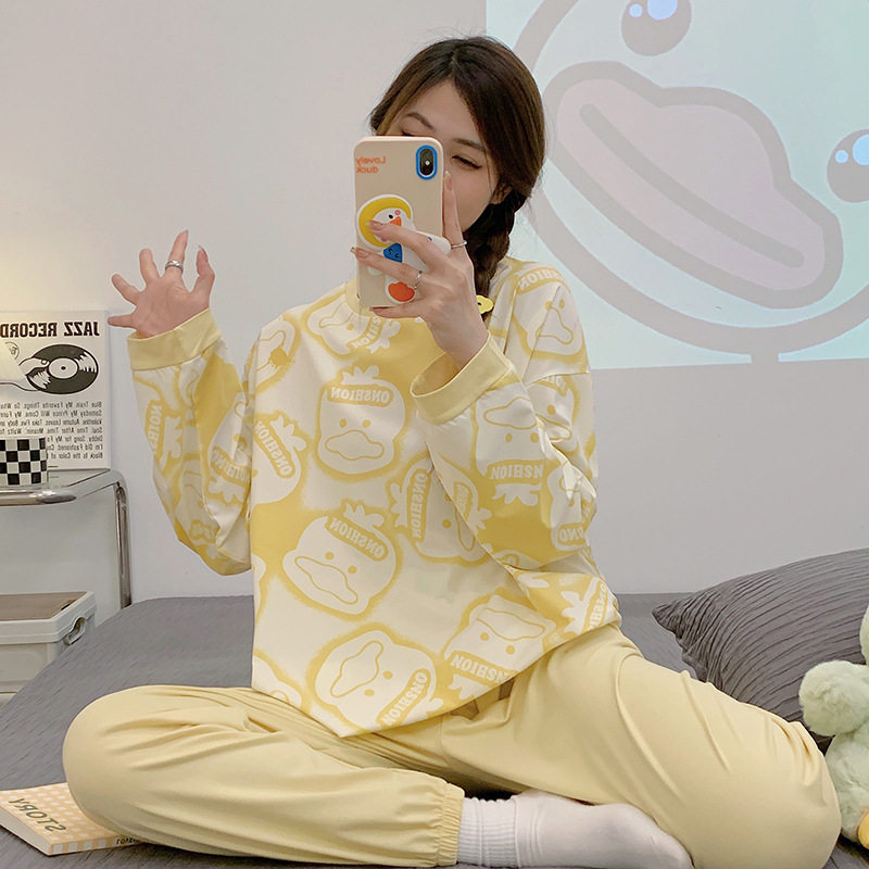 2023年睡衣女春季新款仿棉牛奶丝套头圆领长袖家居服套装条纹简约