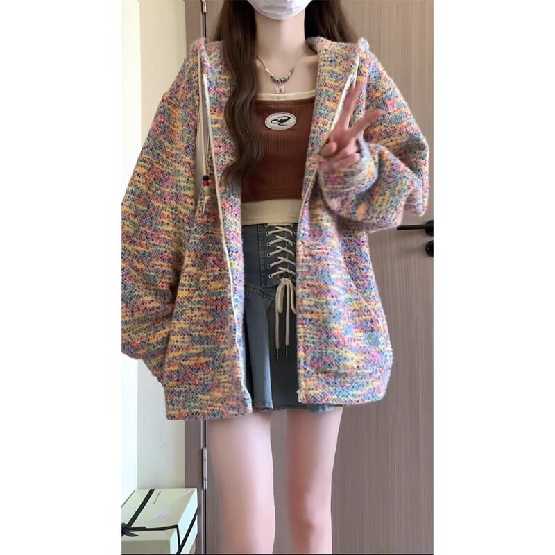彩虹针织衫外套女春秋宽
