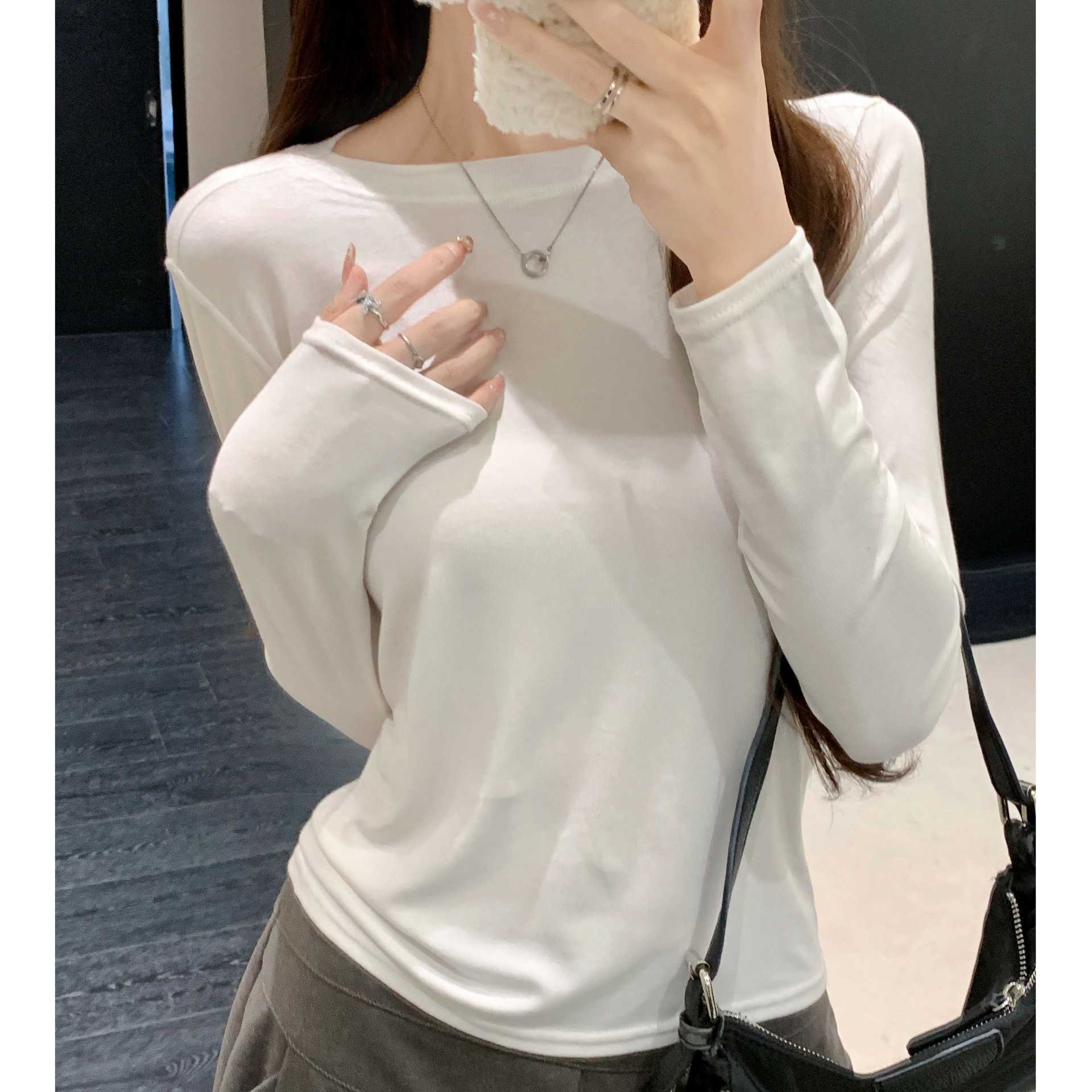 9936正肩圆领打底衫女秋冬季内搭纯色修身显瘦莱赛尔长袖T恤上衣