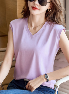 80支丝光棉无袖t恤女V领外穿宽松凉爽夏季背心纯棉打底衫白色T恤