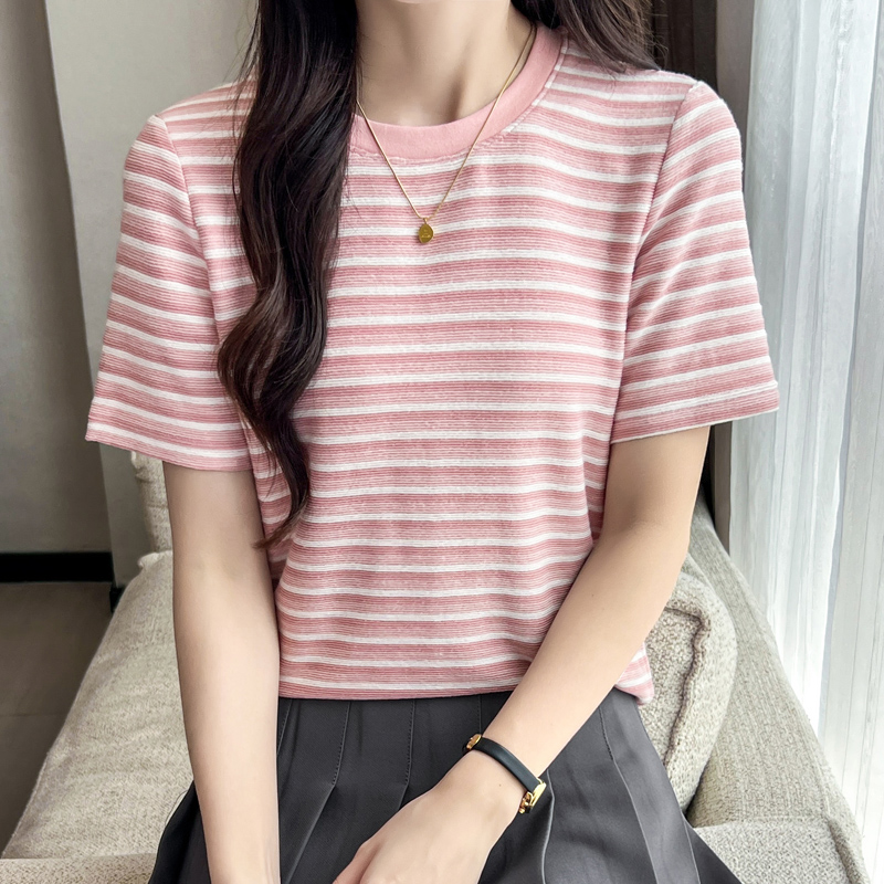 条纹正肩短袖t恤女2025新款夏季宽松百搭休闲短款半袖显瘦上衣服
