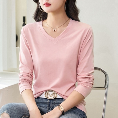 丝光棉v领长袖t恤女打底衫春秋新款内搭纯棉洋气修身百搭上衣小衫