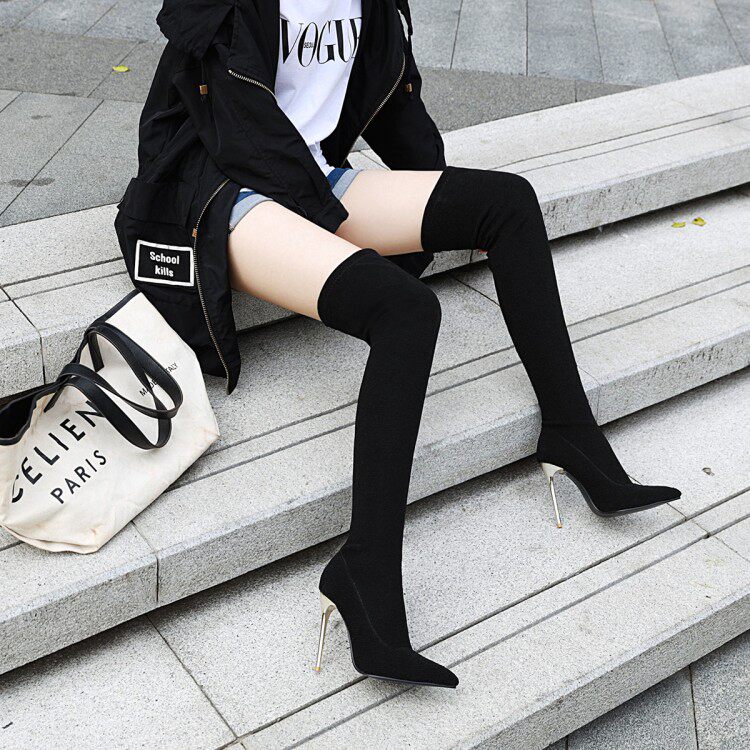 INTERNET CELEBRITY SKINNY BOOTS HEIGHTENED OVER-THE-KNEE BOOTS WOMENS POINTED TOE HIGH HEELS LEOPARD PRINT BOOTS FEMININE STRETCH BOOTS SOCK BOOTS