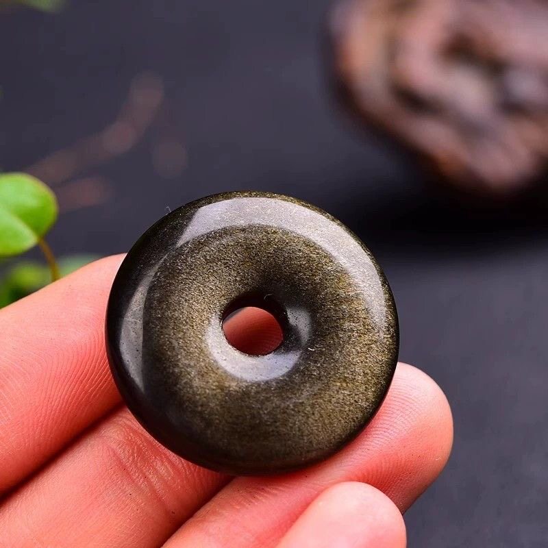 元妙观祝福天然金曜石光面平安扣吊坠黑曜石饰品约30*7mm