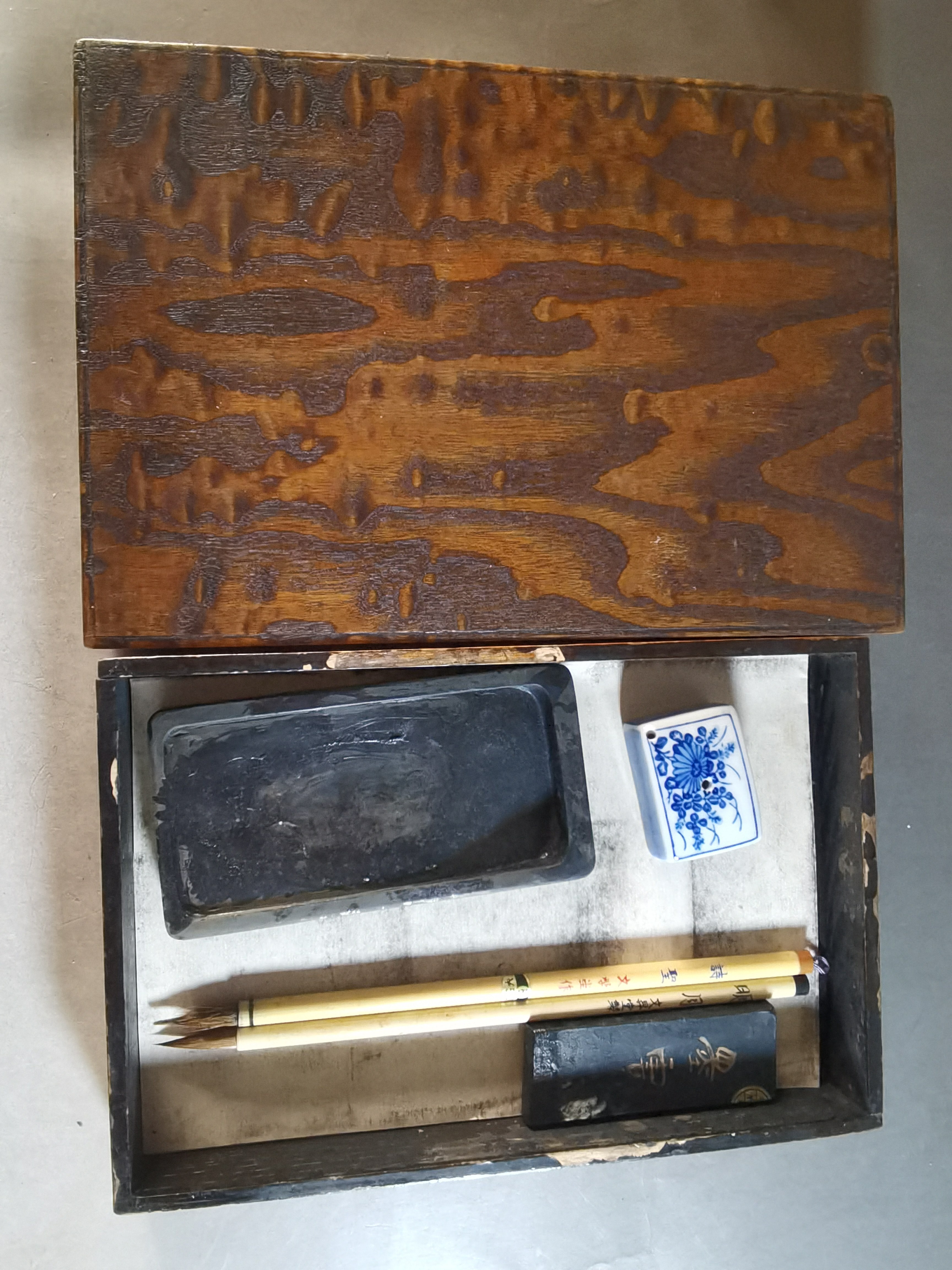 阅古斋日本二手实木盒文房四宝套装水滴砚台毛笔墨块书法绘画包邮