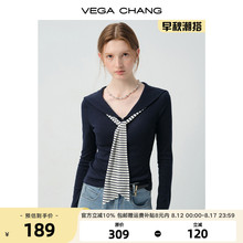 VEGA CHANG长袖T恤女2025新款秋季学院风海军领条纹飘带修身上衣