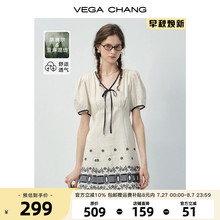 VEGA CHANG莱赛尔法式连衣裙女2025新款夏小个子短款复古刺绣短裙