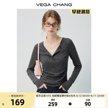 VEGA CHANG灰色t恤女2025早秋新款V领蕾丝修身假两件长袖针织上衣