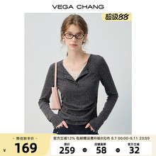 VEGA CHANG灰色t恤女2025早秋新款V领蕾丝修身假两件长袖针织上衣