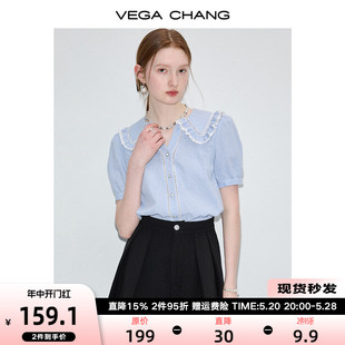 新款 VEGA 女2024年夏季 设计感蓝白格娃娃领短袖 CHANG格子衬衫 上衣