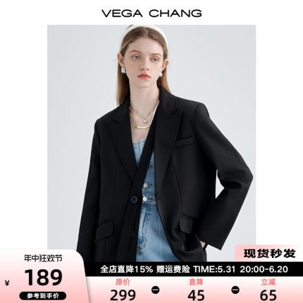 VEGA CHANG黑色小西装外套女2024春秋新款小个子英伦风西服上衣