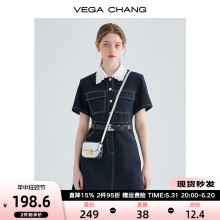 VEGA CHANG牛仔连衣裙夏季女2024年新款法式蕾丝娃娃领衬衫裙子