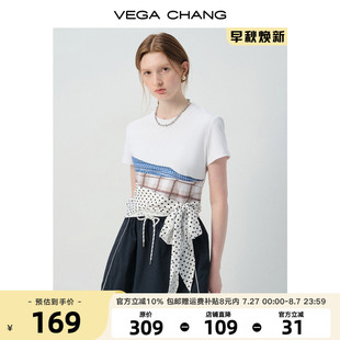 VEGA 夏格纹拼接解构波点绑带设计感上衣 CHANG短袖 女t恤2025新款