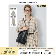 VEGA CHANG衬衫连衣裙女2025新款夏气质度假格子设计感小个子短裙