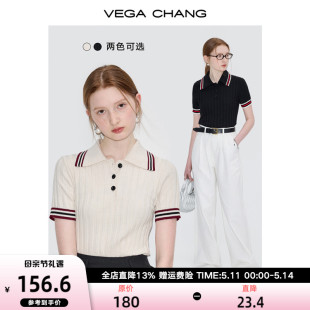 t恤女2024年夏季 新款 CHANG短袖 VEGA 撞色条纹复古POLO领针织上衣