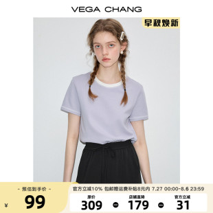 小个子简约宽松圆领拼色上衣 VEGA CHANG短袖 T恤女2024年夏季 新款