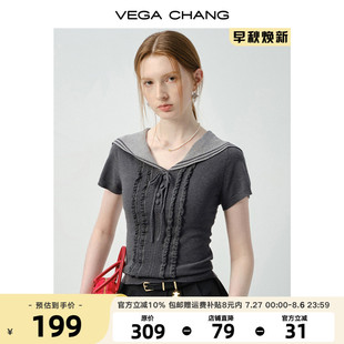 CHANG毛针织衫 夏季 VEGA 女2025新款 上衣 法式 学院风海军领花边短袖