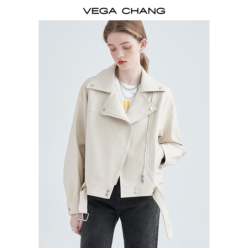 VEGA CHANG机车皮衣女春秋西装领BF风帅气pu皮夹克短外套ins潮-封面