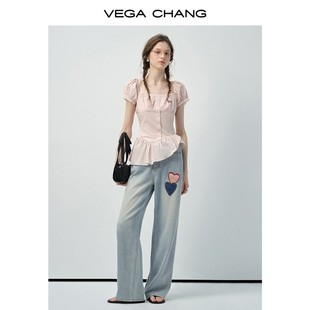 方领泡泡袖 CHANG夏季 法式 收腰荷叶边甜美小衫 晁然推荐 VEGA