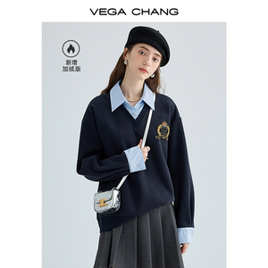 VEGA CHANG假两件卫衣女春秋2024新款洋气减龄学院风显瘦短外套