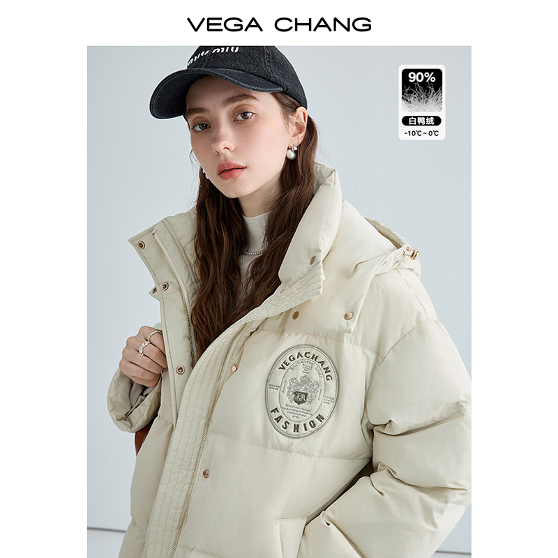 VEGA CHANG羽绒服女短款2023冬装新款加厚保暖绣标连帽面包服外套