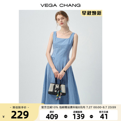 VEGACHANG法式方领格子连衣裙