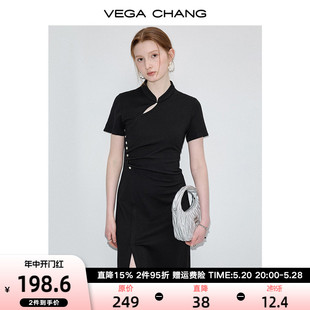 新款 设计感侧开叉新中式 CHANG黑色连衣裙女2024年夏季 VEGA 旗袍裙