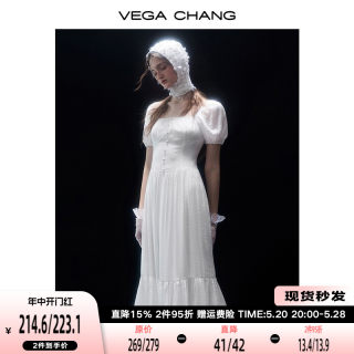 VEGA CHANG法式连衣裙女2024年夏季新款方领小众气质泡泡袖长裙子