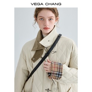 VEGA CHANG飞机扣棉衣女2023冬装新款方领拼接菱格棉服外套