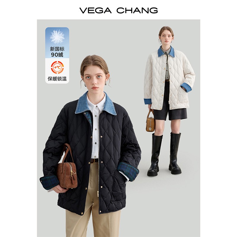 VEGA CHANG菱格羽绒服女短款2023年冬装新款加厚保暖牛仔拼接外套