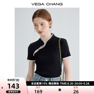 女2024夏新款 VEGA 针织衫 上衣 CHANG短袖 设计感小个子显瘦黑色短款