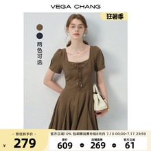 VEGA CHANG方领连衣裙女2025年夏新款小个子法式收腰复古短款裙子
