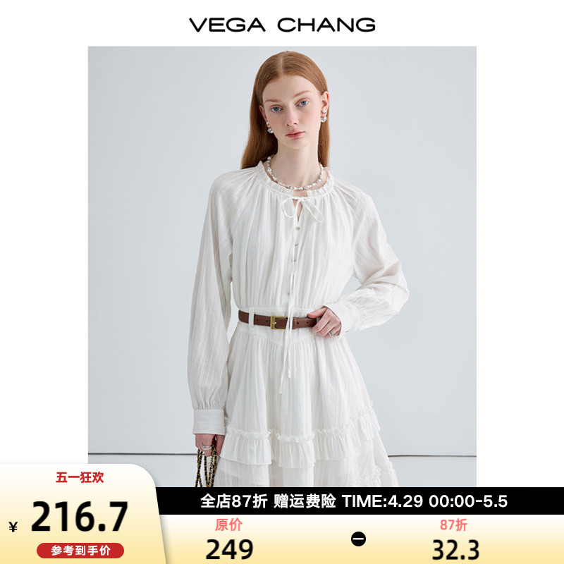 VEGA CHANG白色连衣裙女2024年春季新款法式优雅花边系带蛋糕裙子