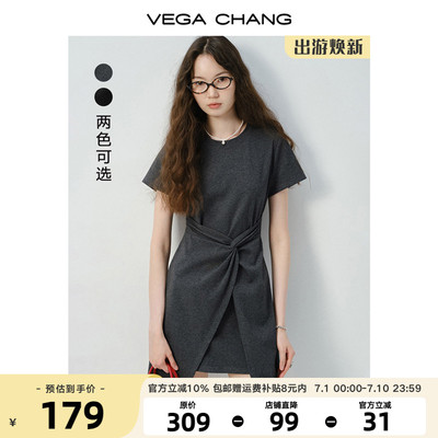 VEGA CHANG小个子连衣裙2025年夏装新款不规则裙摆显瘦t恤短裙子