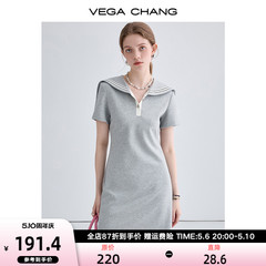 VEGA CHANG连衣裙女2024年夏季新款遮肉显瘦减龄海军领短袖针织裙