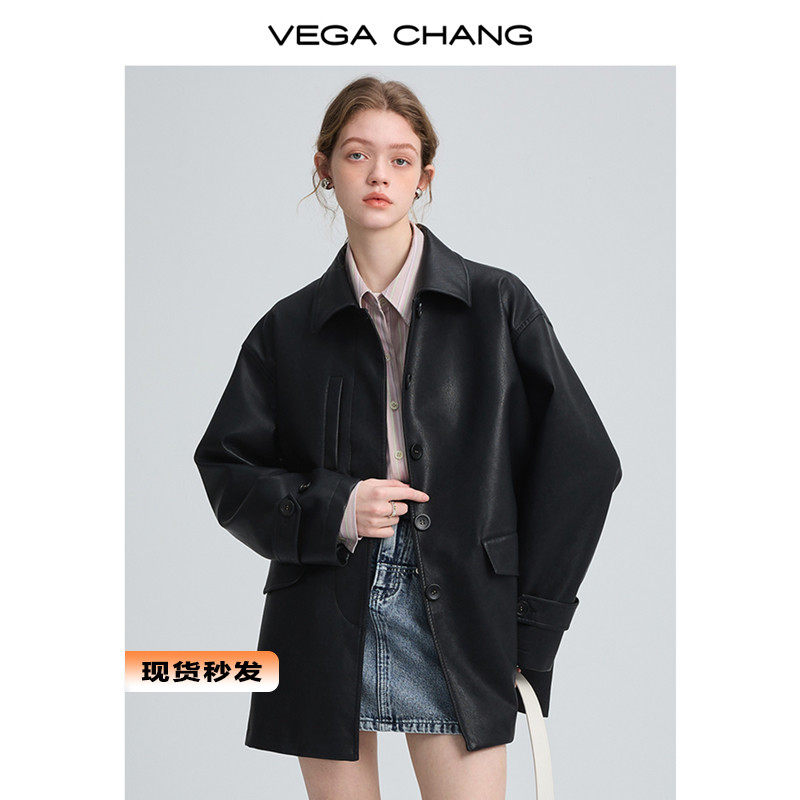 VEGA CHANG黑色皮衣外套女2023春新款宽松显瘦廓形pu皮夹克ins潮_虎窝淘