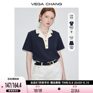 VEGA CHANG短袖T恤女2024年夏季新款复古时髦撞色POLO领正肩上衣