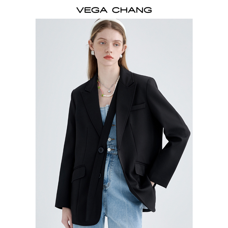 VEGA CHANG黑色小西装外套女2023秋装新款小个子英伦风西服上衣