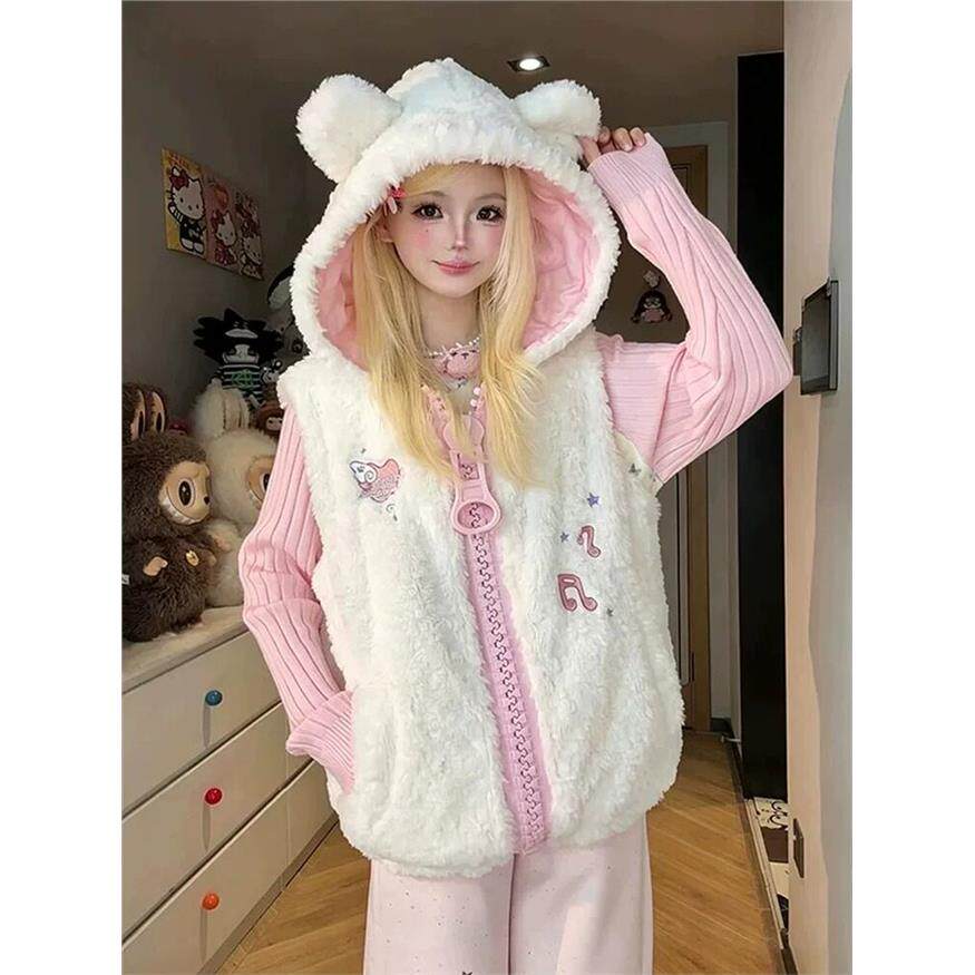 韩系可爱耳朵大拉链羊羔毛马甲女棉服冬季小个子棉袄保暖外套