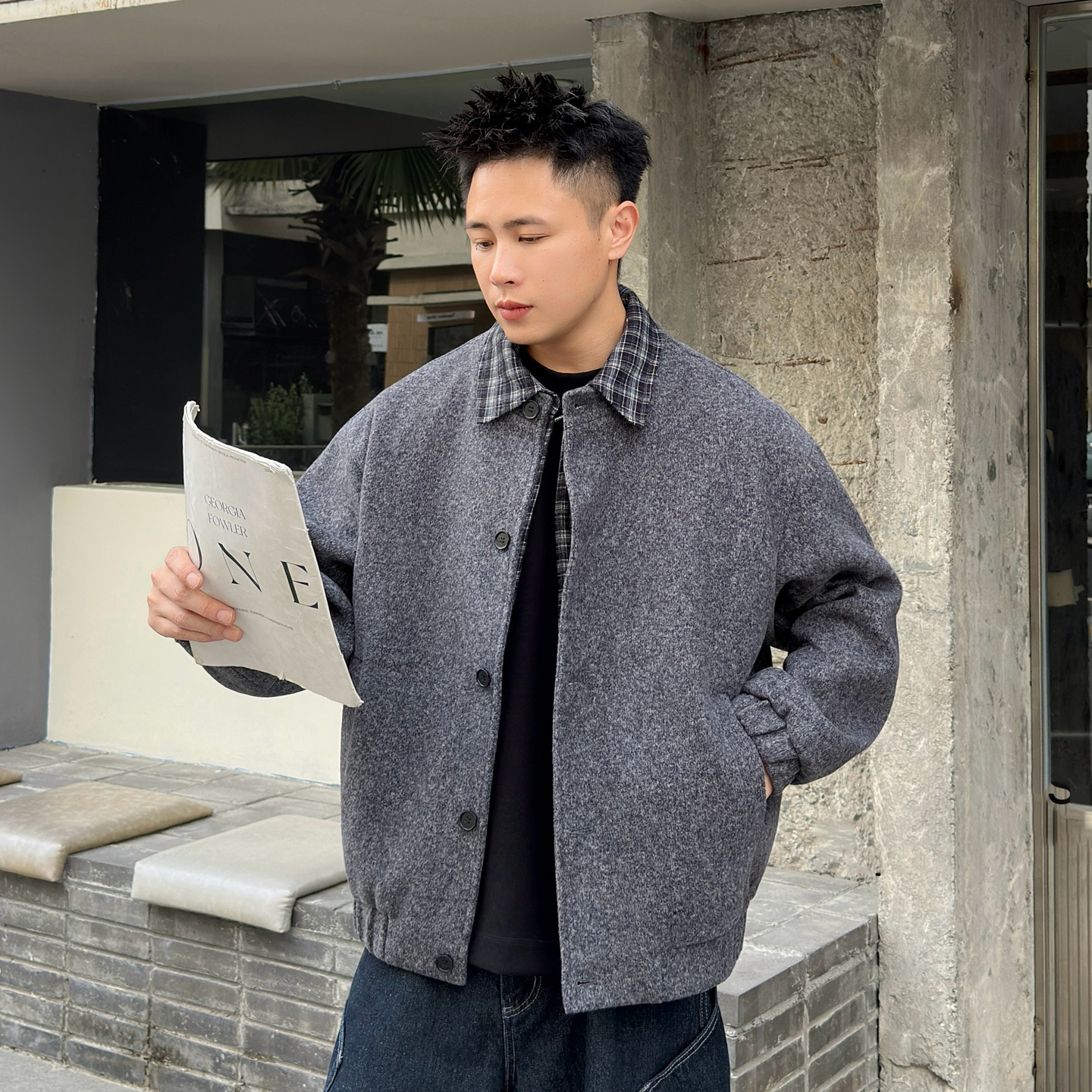 假两件翻领韩版高级感呢外套男