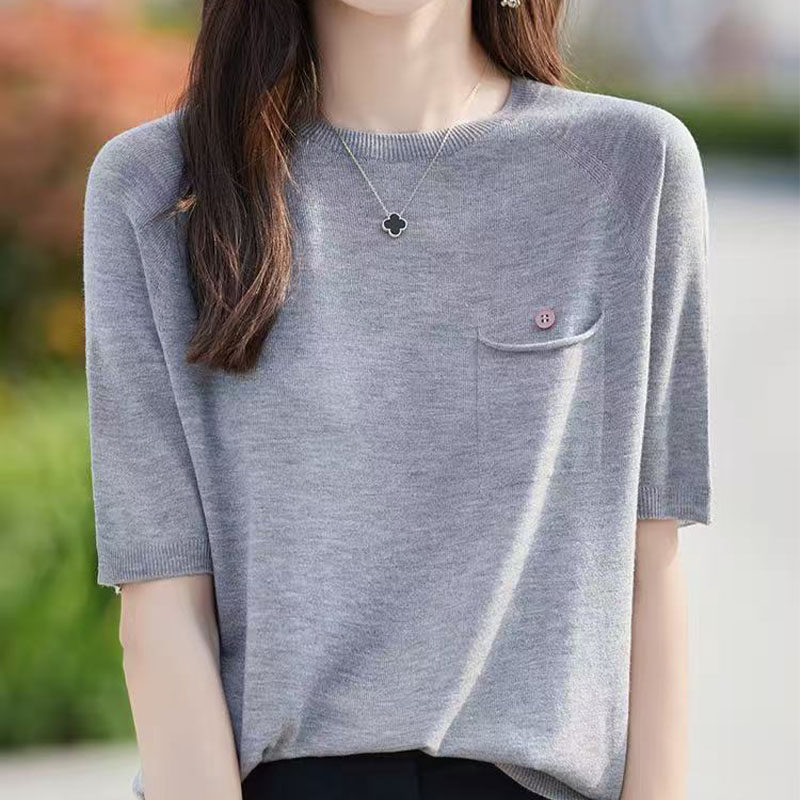 2026夏装新款桑蚕丝短袖女t恤宽松薄款时尚口袋打底冰丝针织上衣