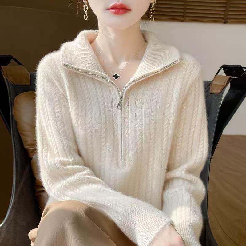 新款100%羊毛衫半开拉链领针织加厚毛衣女秋冬季内搭羊绒打底衫