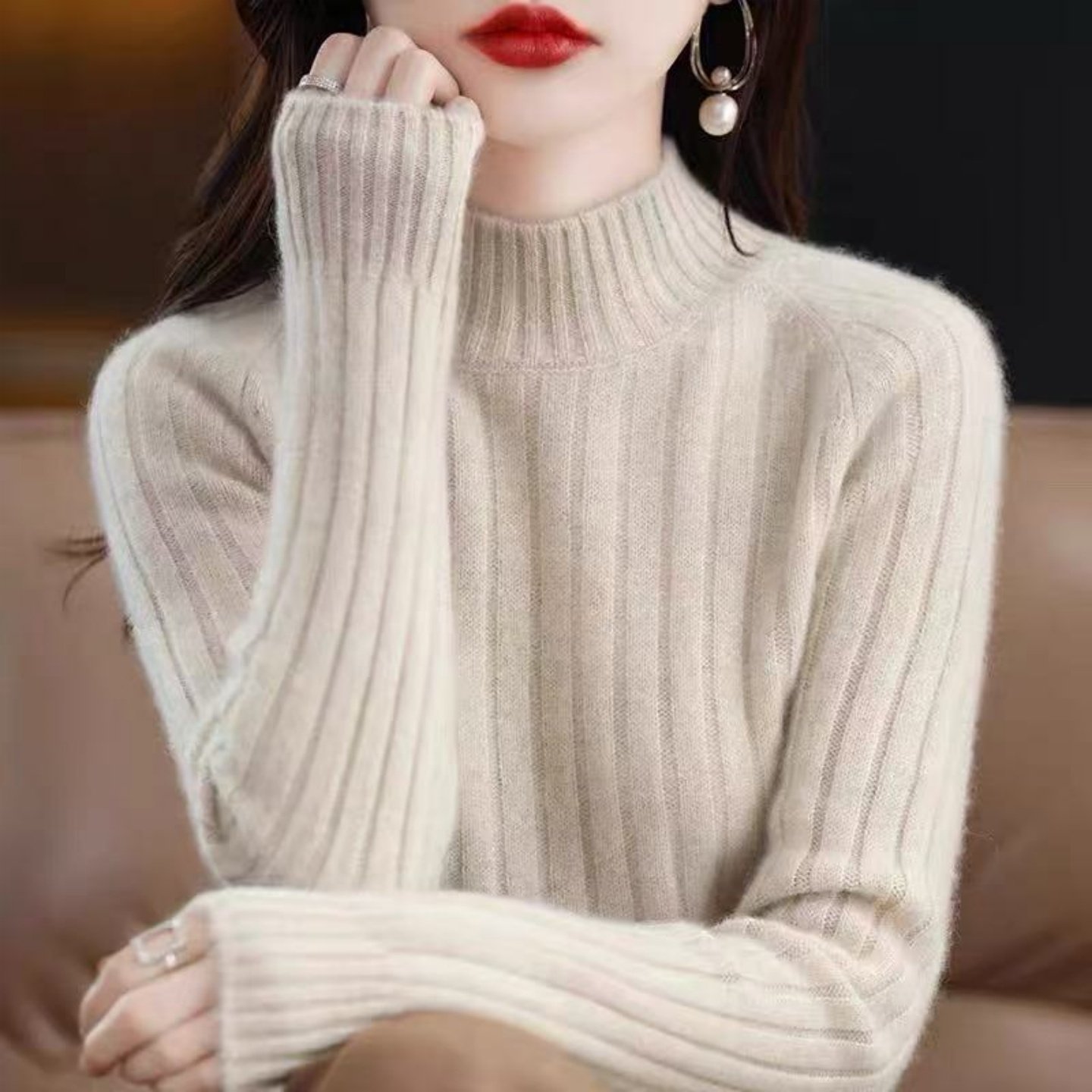 重磅新款竖条半高领100羊毛衫女秋冬加厚毛衣宽松内搭针织打底衫