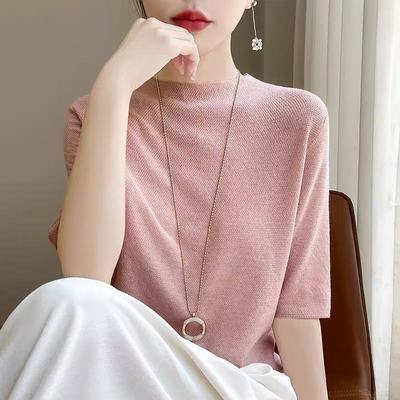 2025新款五分袖上衣半高领薄款针织打底衫宽松短袖桑蚕丝T恤女