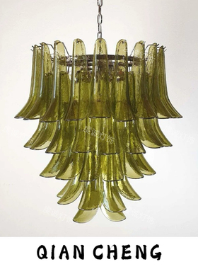 意大利MURANO法式复古挑空客厅别墅复式楼梯绿色马蹄玻璃吊灯