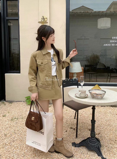 CIVICERA港风复古牛仔套装裙女秋季牛仔短外套包臀短裙时尚两件套