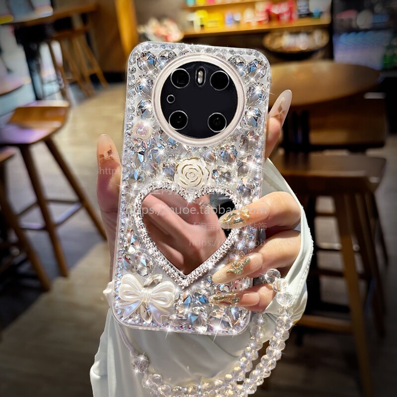 满钻爱心镜子适用华为mate70pro+手机壳mate60全包防摔mate50带挂绳mate40女爆款30pro透明保护20X新品