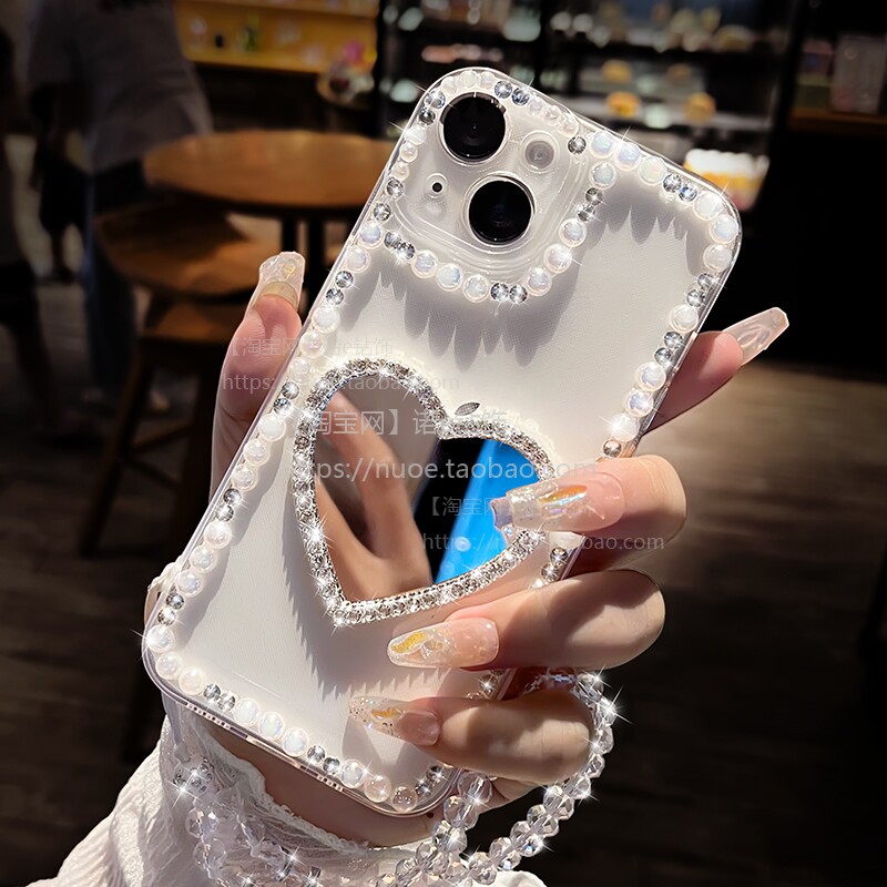 奢华珍珠爱心镜子适用苹果16手机壳iPhone15全包摄像头13promax带水晶挂绳14plus个性创意12小众XR气质8网红7