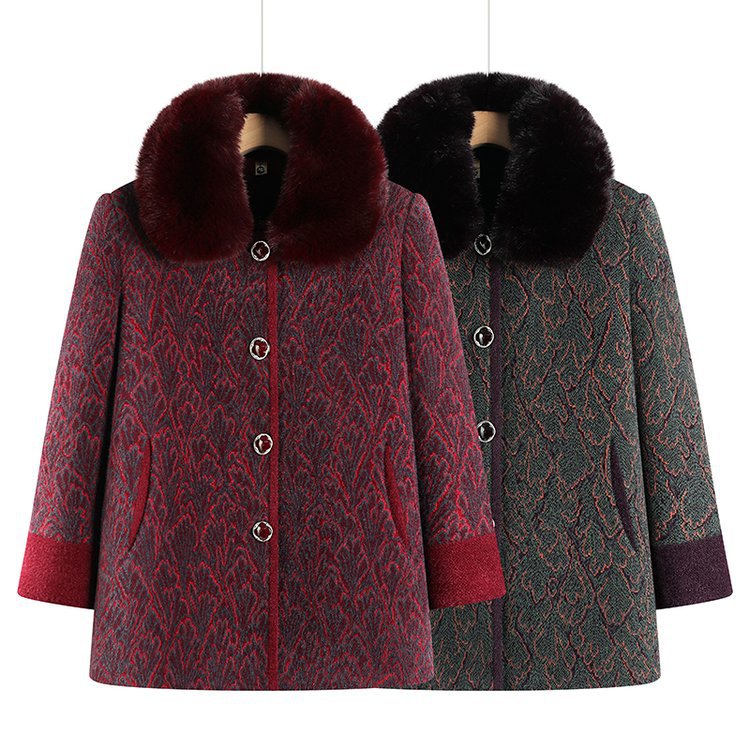 奶奶毛呢加绒冬装大衣妈妈装洋气毛领中长款棉衣中老年人女装