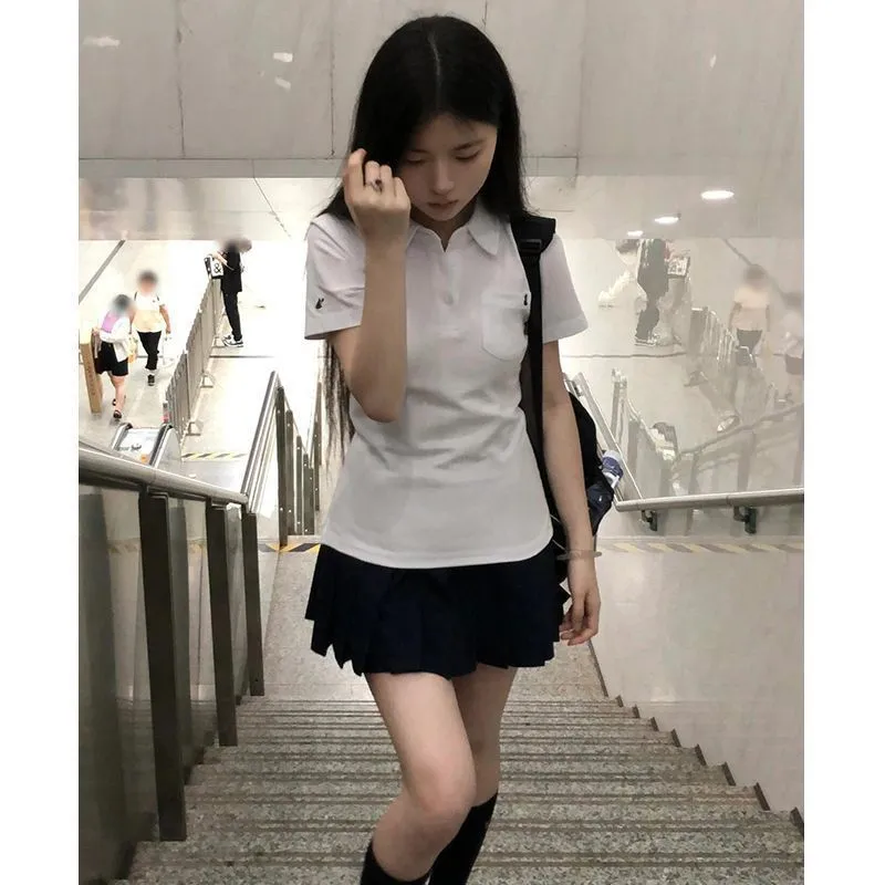 日系原创夏季新款JK制服Polo衫学院风正版修身刺绣短袖校供感上衣